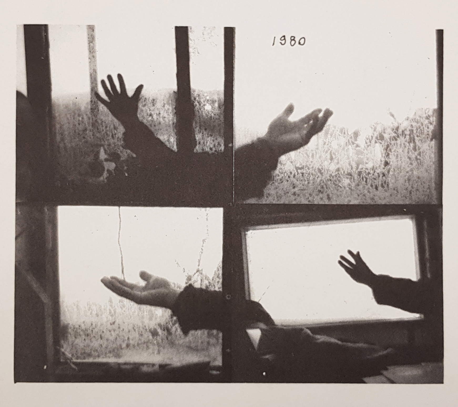 Book cover. Four black and white photographs show four hands reaching out towards or through windows, as if feeling for rain. The top right image has the date written above the hand.
