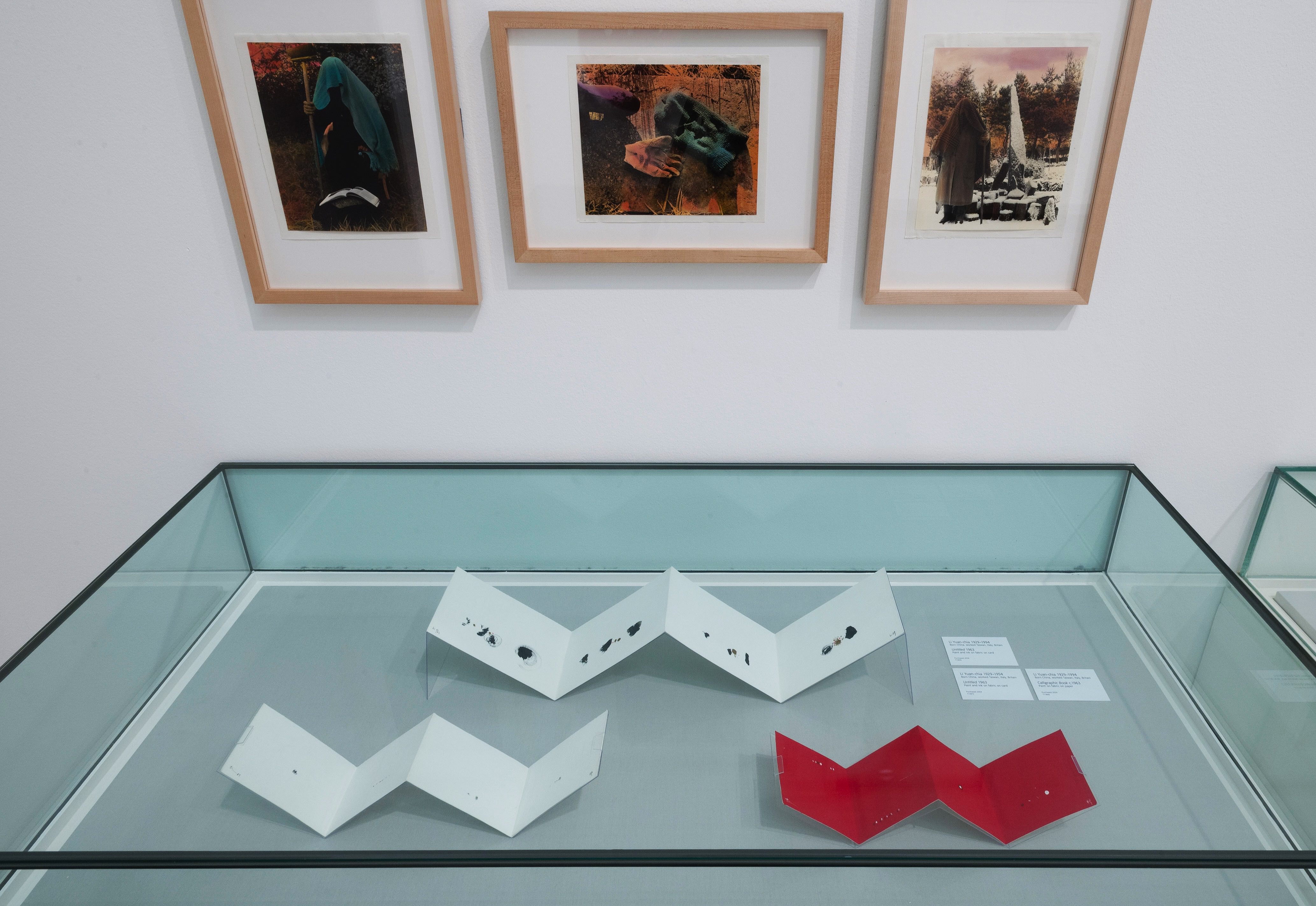 Installation. We look down into a case with three accordion-folded strips of paper. One is white with black marks, one is white with a few black specks, and one is red with white dots. Each makes a wide, shallow W shape.