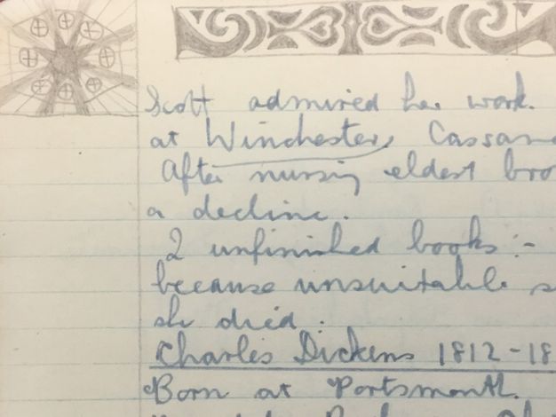 Drawing. A starburst design and curlicues around hearts are doodled in the margins of lined paper with notes in pen.