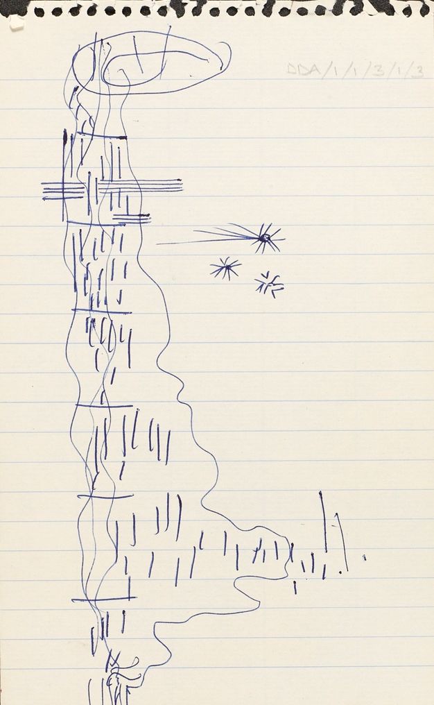 Drawing. Vertical and horizontal dashes are mostly contained within a curving-edged form like a coastline. Three asterisks or starbursts are to our right.