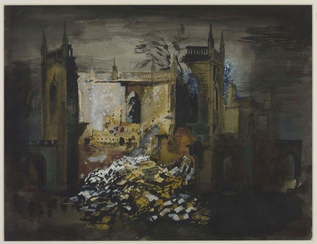Watercolour. The wall facing us and the ceiling of a church have collapsed. The heap of rubble on the floor is lit from within the structure. A few hidden lights dimly break the complete darkness of the rest of the scene.